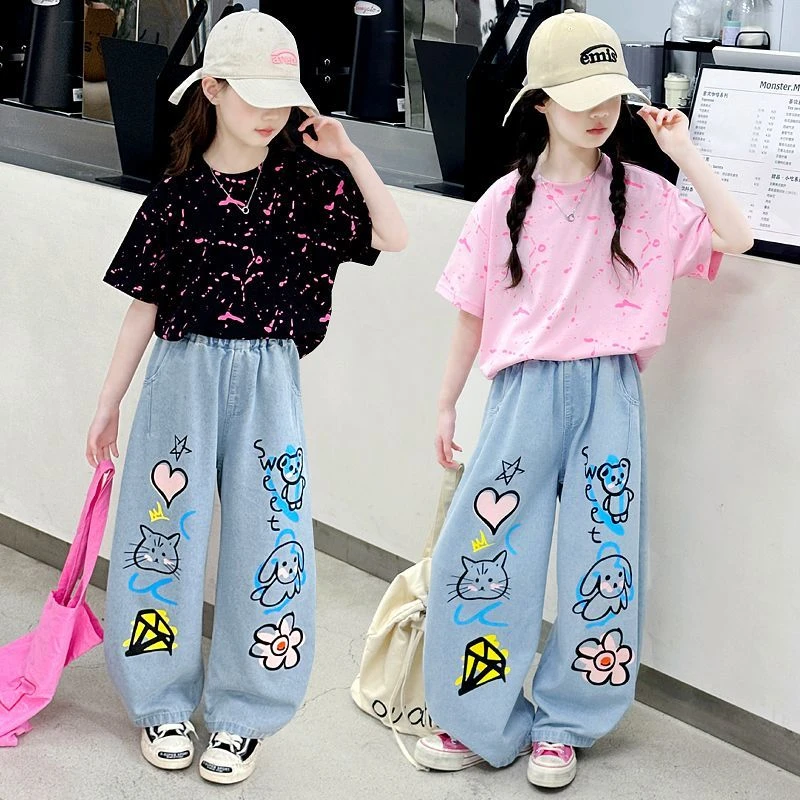 女童套装2025新款夏季儿童洋气潮流短袖中大童涂鸦牛仔裤两件套