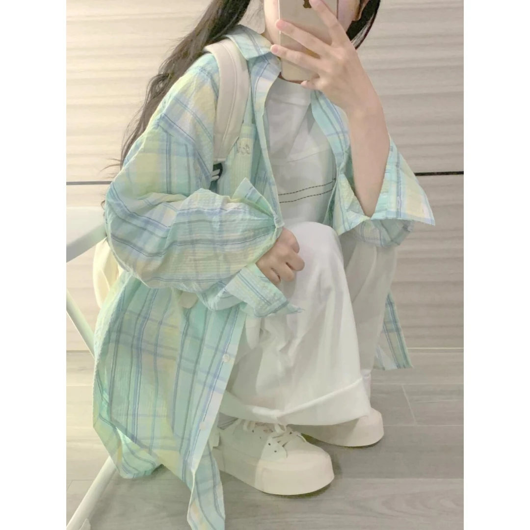 小清新薄荷绿polo领格子衬衫女2025春秋新款幂式穿搭长袖衬衣外套