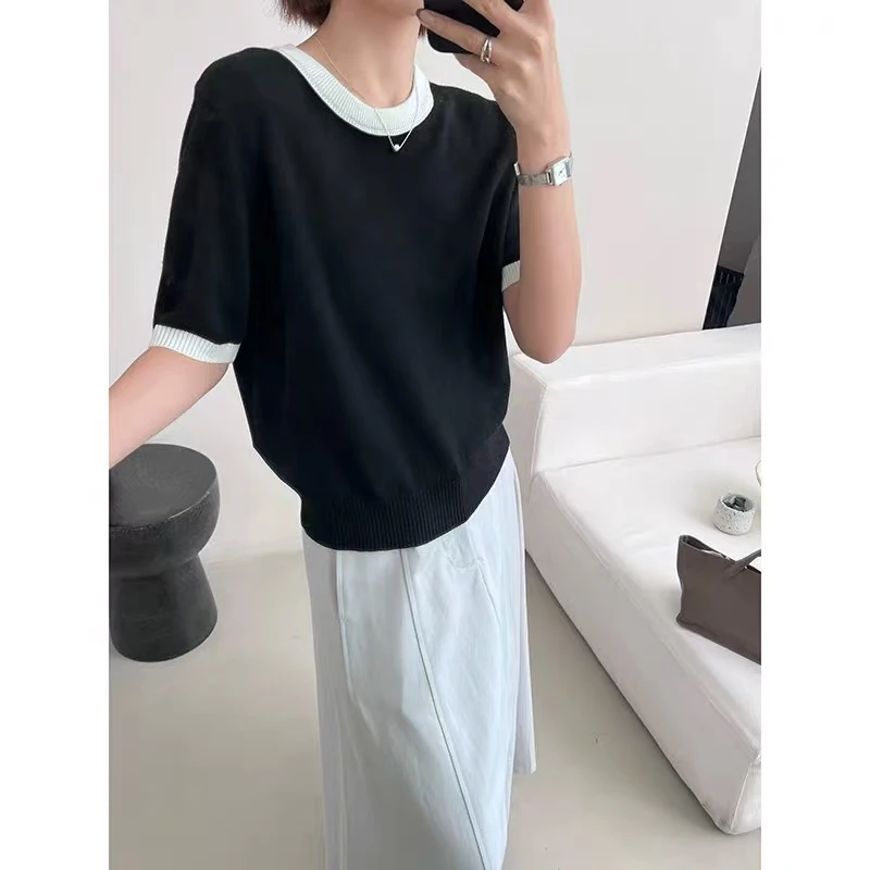 精梳纯棉拼色圆领透气短袖女夏季吸湿排汗