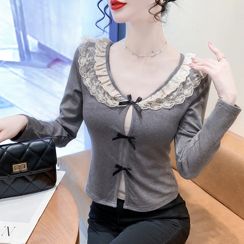 2025早春法式甜辣妹蝴蝶结蕾丝拼接长袖T恤女修身小香风显瘦上衣