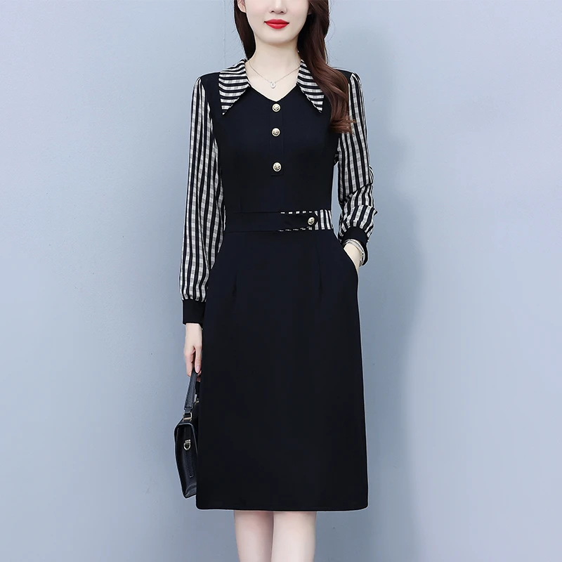 格子印花假两件套大码女装胖mm中年妈妈气质中长款秋冬长袖连衣裙