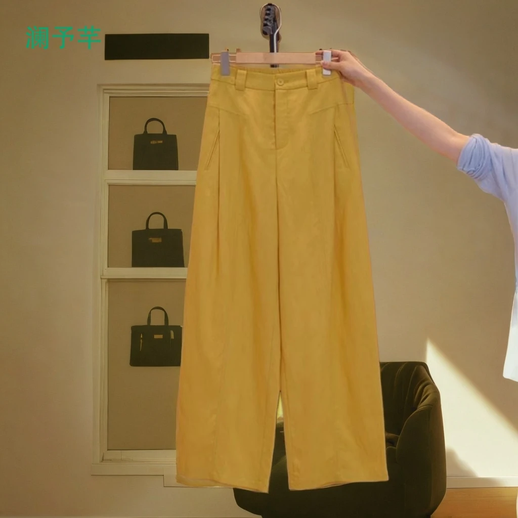2025夏季新款黄色高腰后松紧女款天丝亚麻风琴裤凉爽薄款阔腿