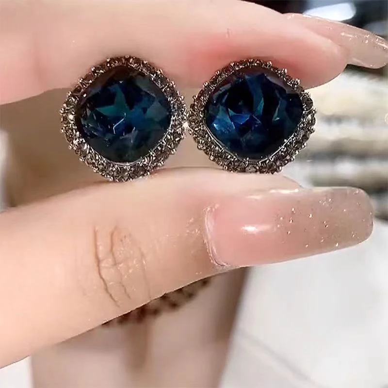 铜合金锆石耳饰 925银针气质灰蓝水晶耳钉