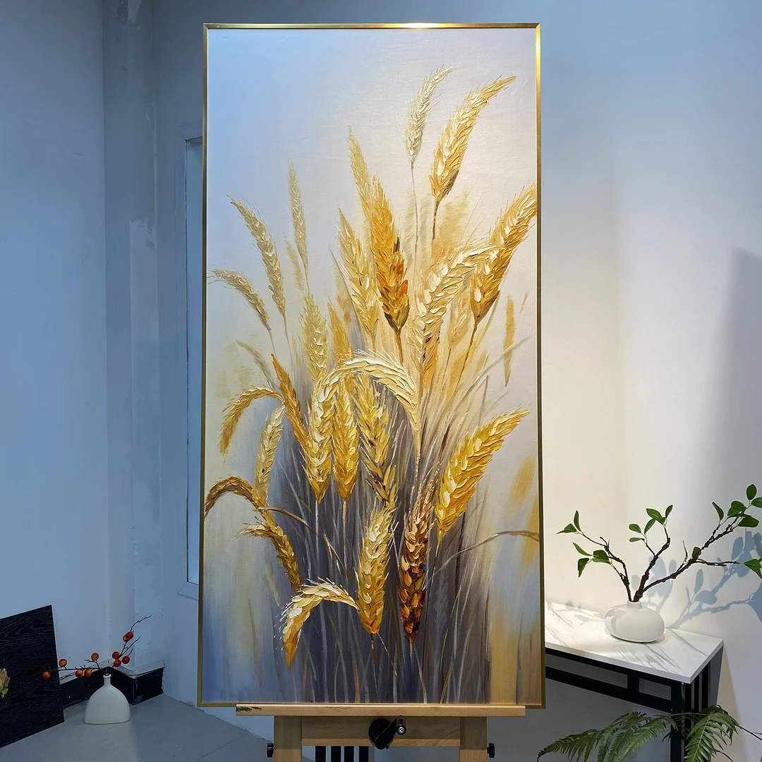 《大麦》抽象油画玄关画轻奢现代入户走廊装饰画竖版大幅奶油风挂画