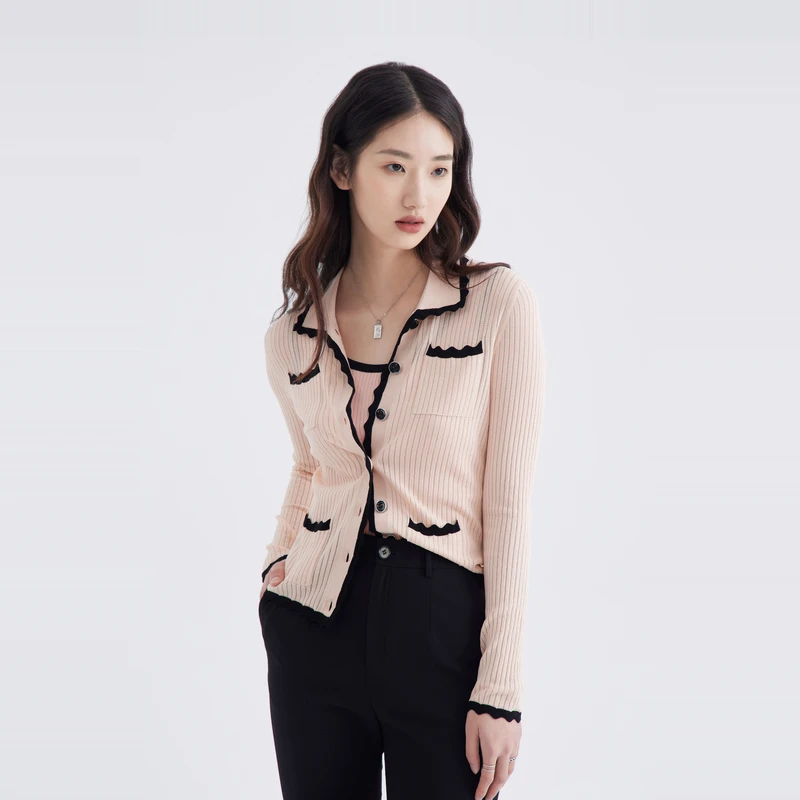 OBEG欧碧倩肌理感撞色针织衫春冬修身上衣女开衫10441074