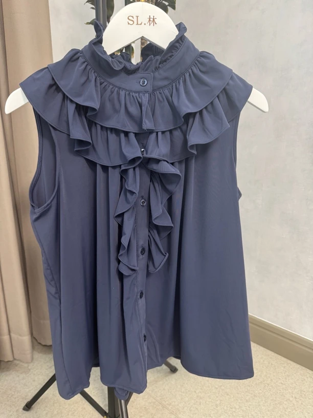 【林美枷】雾蓝色/复古绿无袖衬衫