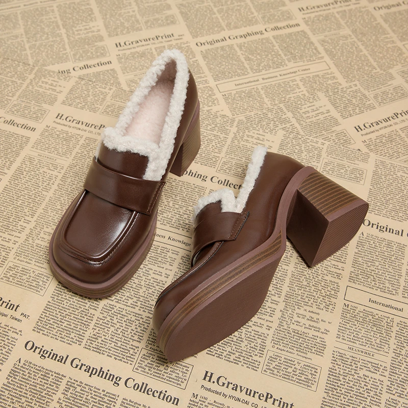 木木712-13高级感加绒乐福鞋2025新款秋冬粗跟舒适单鞋百搭皮鞋
