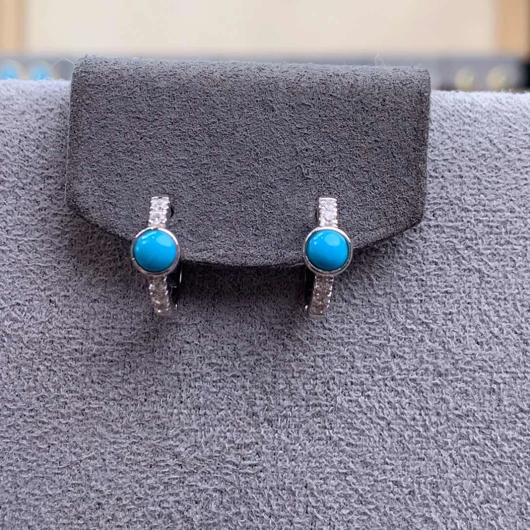银S925镶嵌绿松石高瓷蓝耳扣