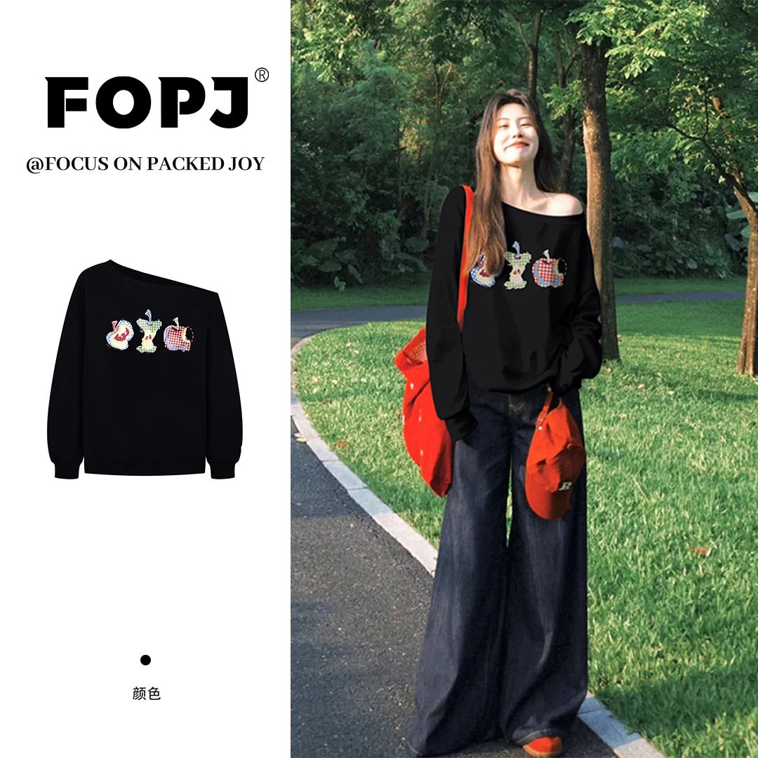 FOPJ韩系时尚印花慵懒风露肩宽松卫衣女春秋新款显瘦辣妹斜肩上衣