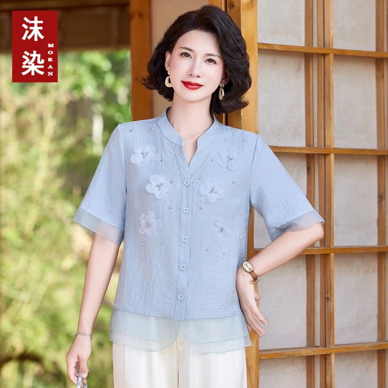 夏季新款中老年妈妈装休闲短袖小衫气质中年女装宽松显瘦遮肉洋气
