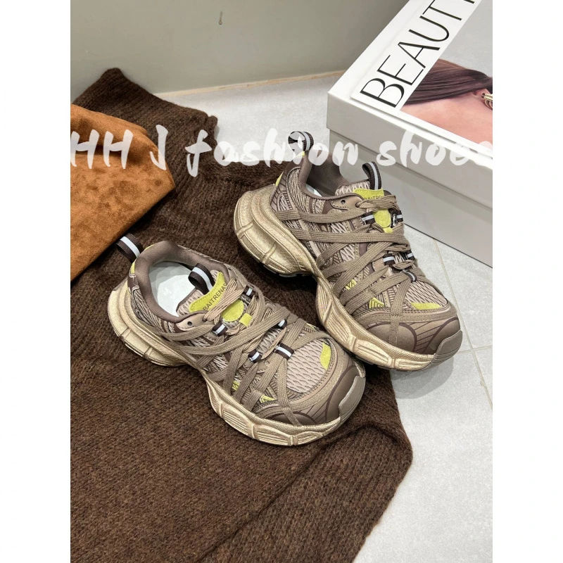 2025秋季新款真皮厚底老爹鞋女系带拼色百搭学生舒适休闲运动鞋潮