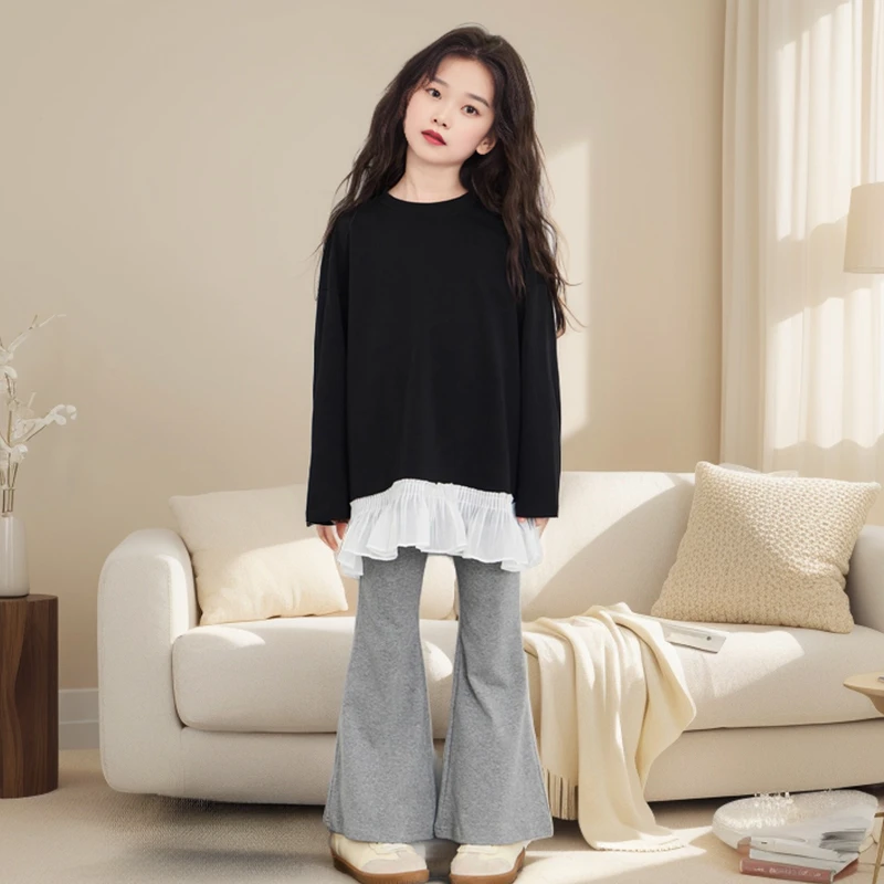 女童秋季两件套2025新款6-12儿童黑色拼接上衣时尚灰色喇叭裤套装
