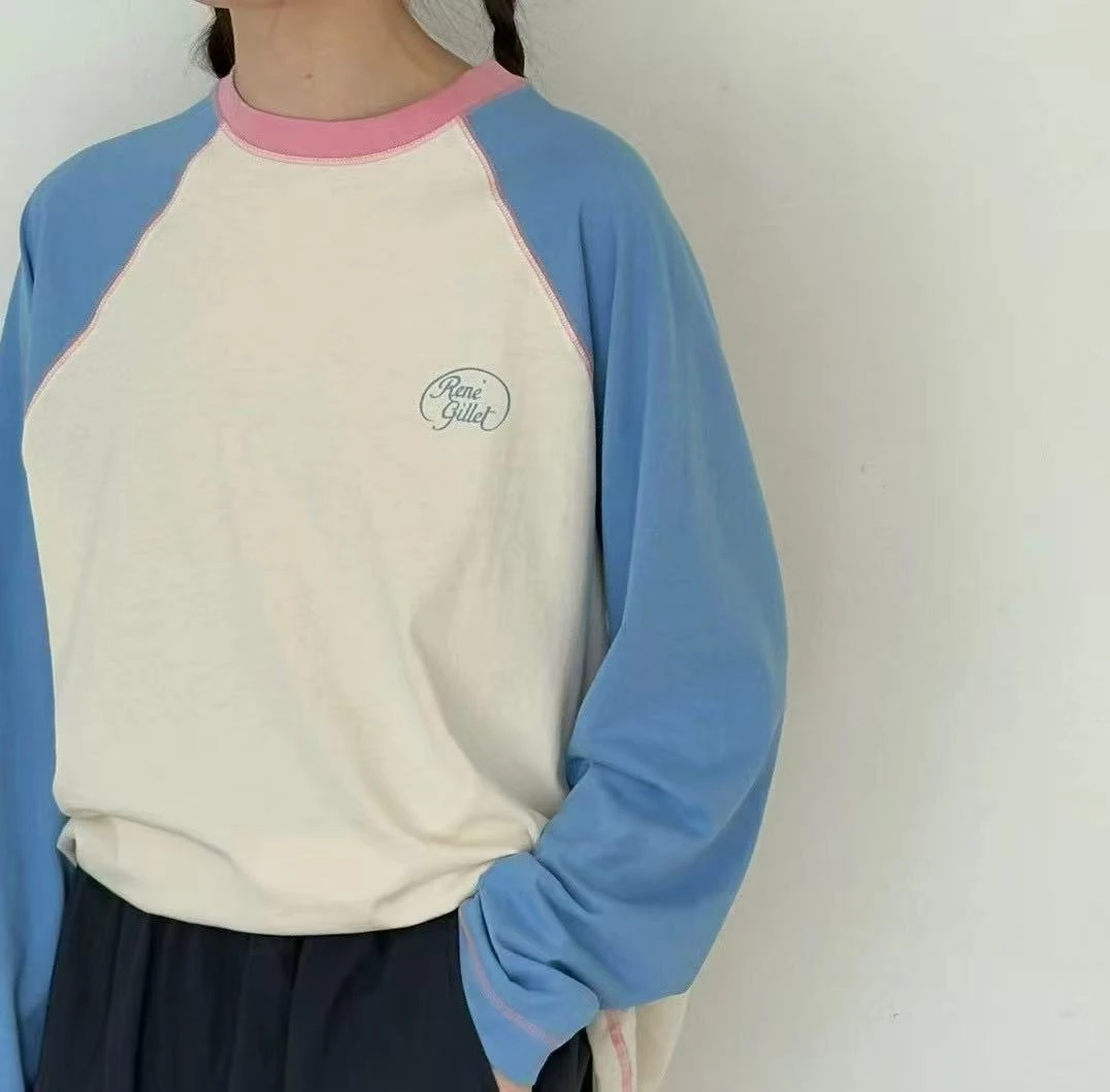 东大门正品co蓝袖插肩粉领口T恤（no退no换）2508450