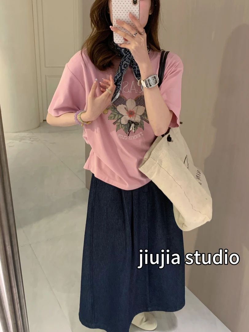 九佳 新款时尚休闲百搭宽松圆领纯色韩版短袖T恤