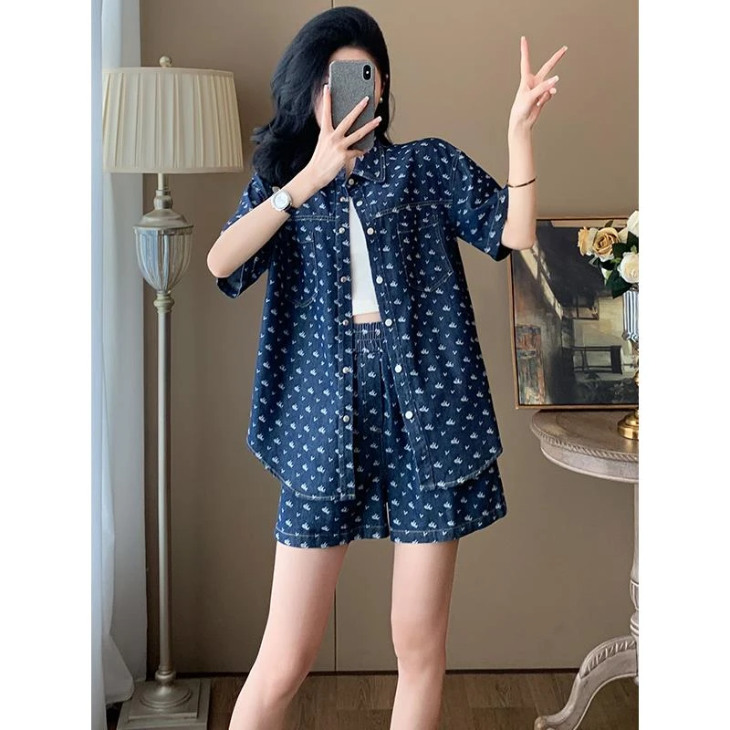 港风时尚休闲运动套装女夏季洋气减龄显瘦蓝色短袖衬衫短裤两件套