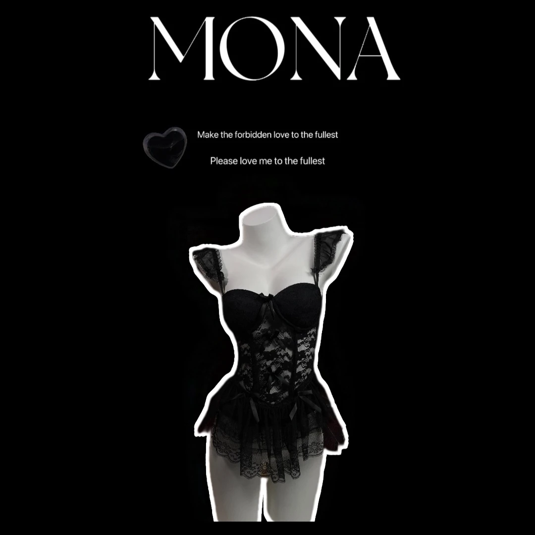 「MONA」黑天鹅 蕾丝法式修身鱼骨吊带胸衣结蕾丝辣妹内衣睡裙