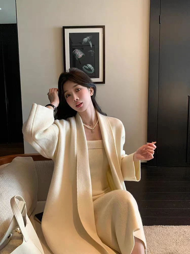 【氛围大女主】秋冬抹胸连衣裙长款毛衣外套两件套慵懒风套装