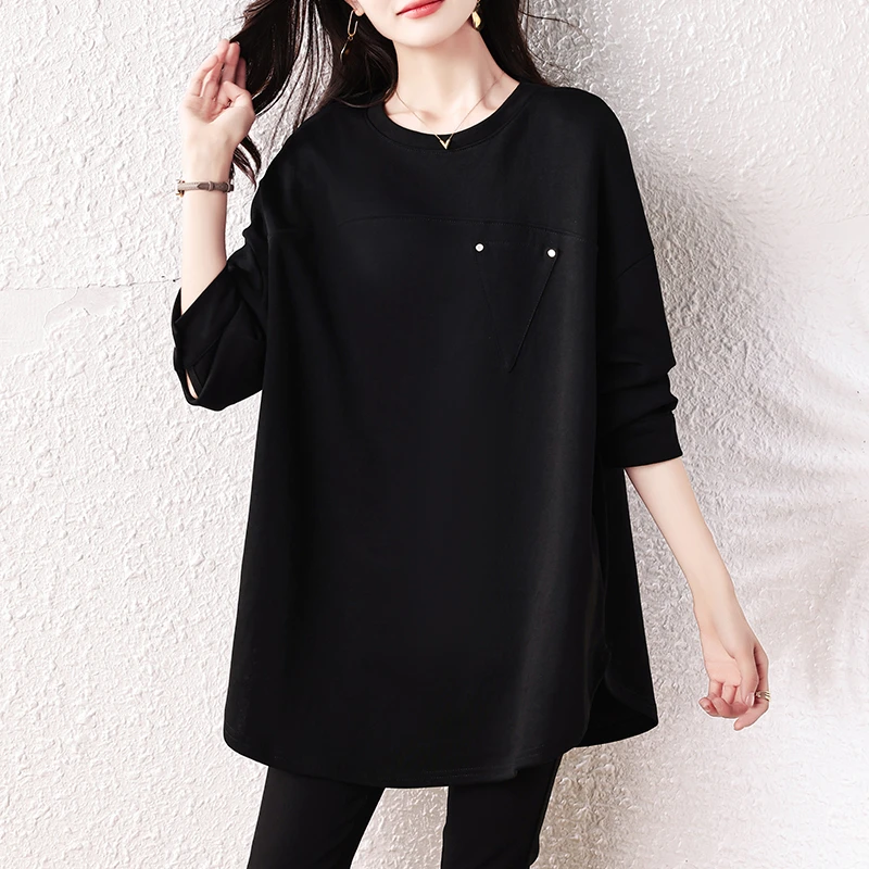 长袖圆领大码春秋宽松T恤显瘦时尚休闲春秋洋气中长款卫衣
