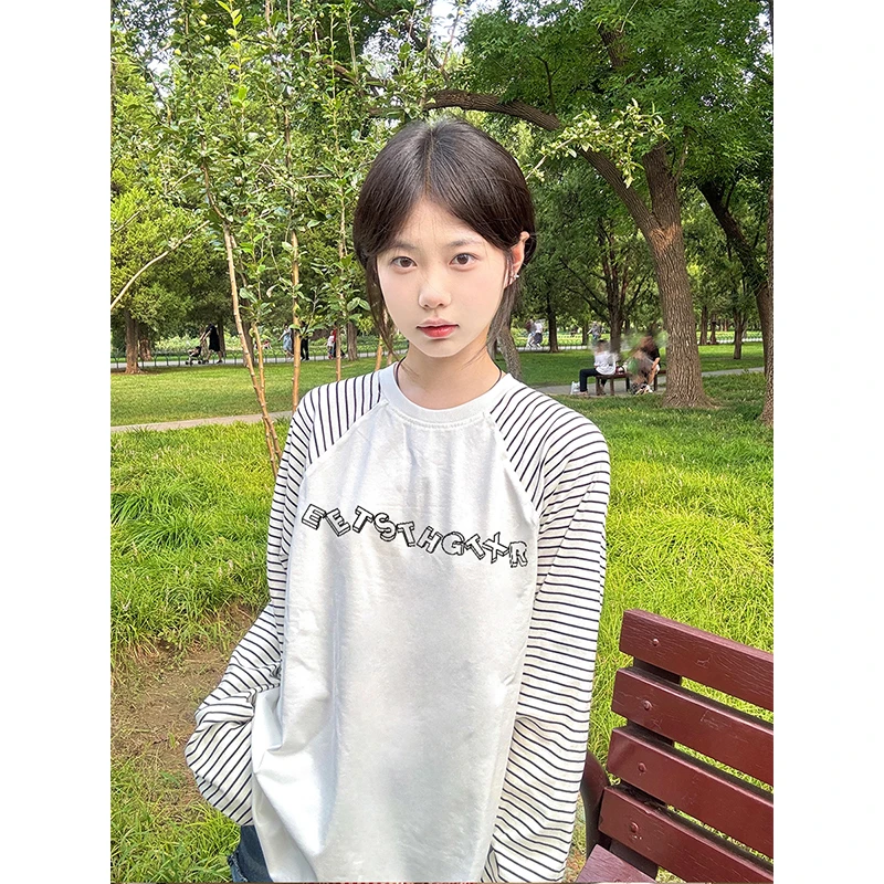 美式复古拼接撞色条纹长袖T恤女2025春秋新款宽松休闲韩系上衣