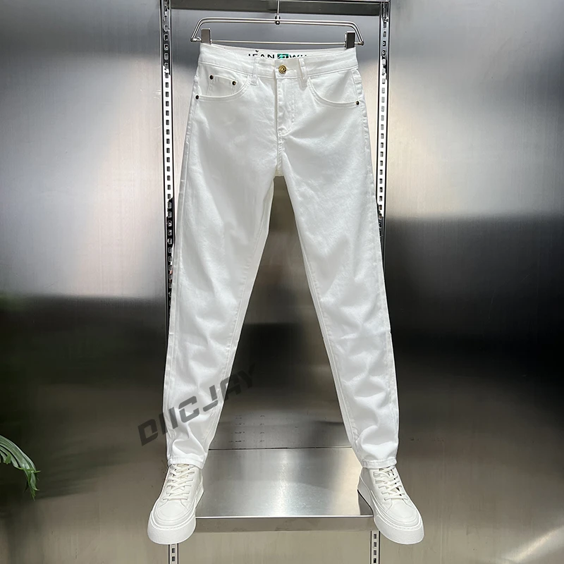 【三防】轻奢弹力牛仔裤男士商务休闲百搭修身小直筒高端白色九分裤