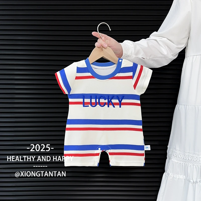 婴儿连体衣夏装男宝宝衣服夏季洋气新生幼儿满月夏天短袖外出爬服