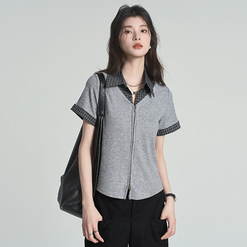 2025夏季新款撞色格子短袖T恤女修身复古学院风气质双拉链上衣潮