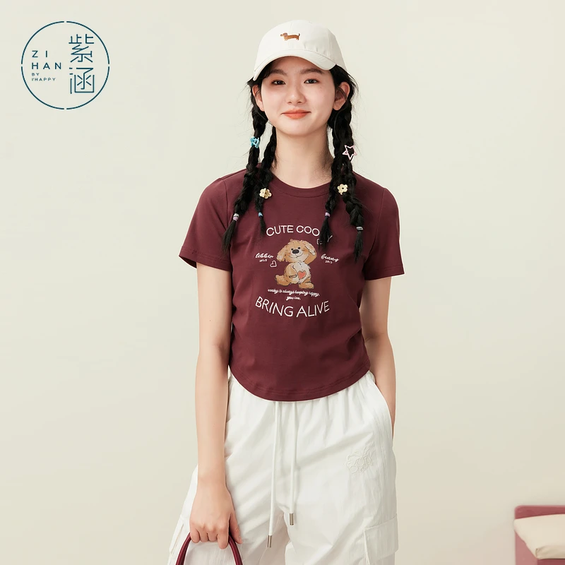紫涵短款小熊印花短袖T恤2025夏季修身正肩上衣Z5Z03BS178