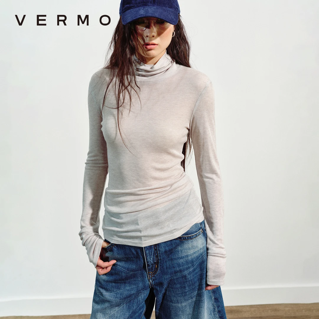 VERMO 经典实用 舒适柔软天丝羊毛堆领高领长袖水冷灰打底衫9916