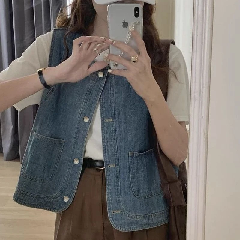 韩版新款圆领复古宽松外搭叠穿牛仔马甲背心坎肩短外套马夹上衣女