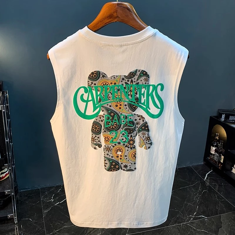 Cebrodz夏季背心男宽松网红熊印花无袖T恤衫新款潮流运动健身汗衫