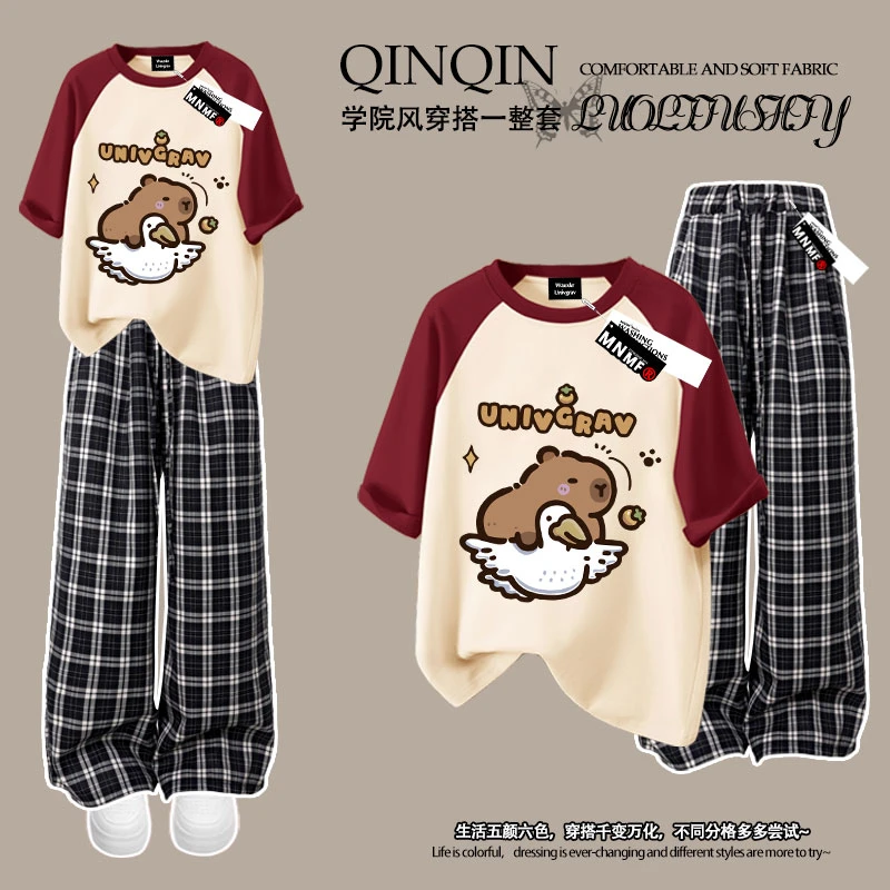氧气潮牌卡皮巴拉卡通印花夏季男女童套装纯棉插肩短袖T恤格子裤