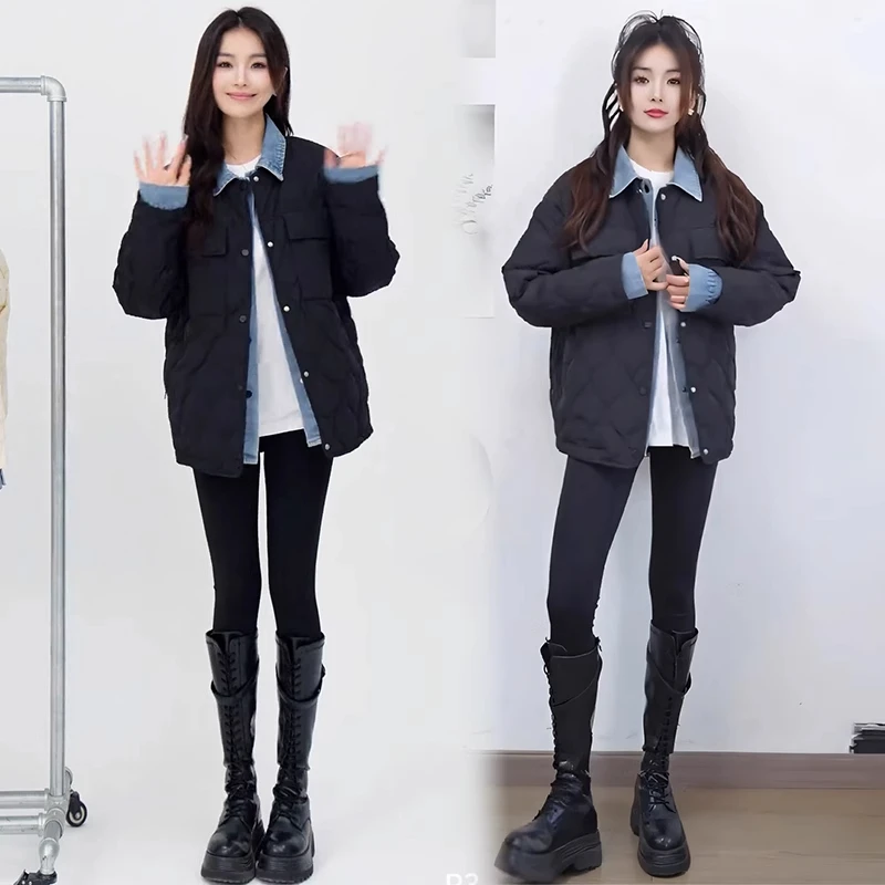 时尚轻薄休闲棉服女2025冬季新款洋气显瘦假两件牛仔拼接棉衣外套