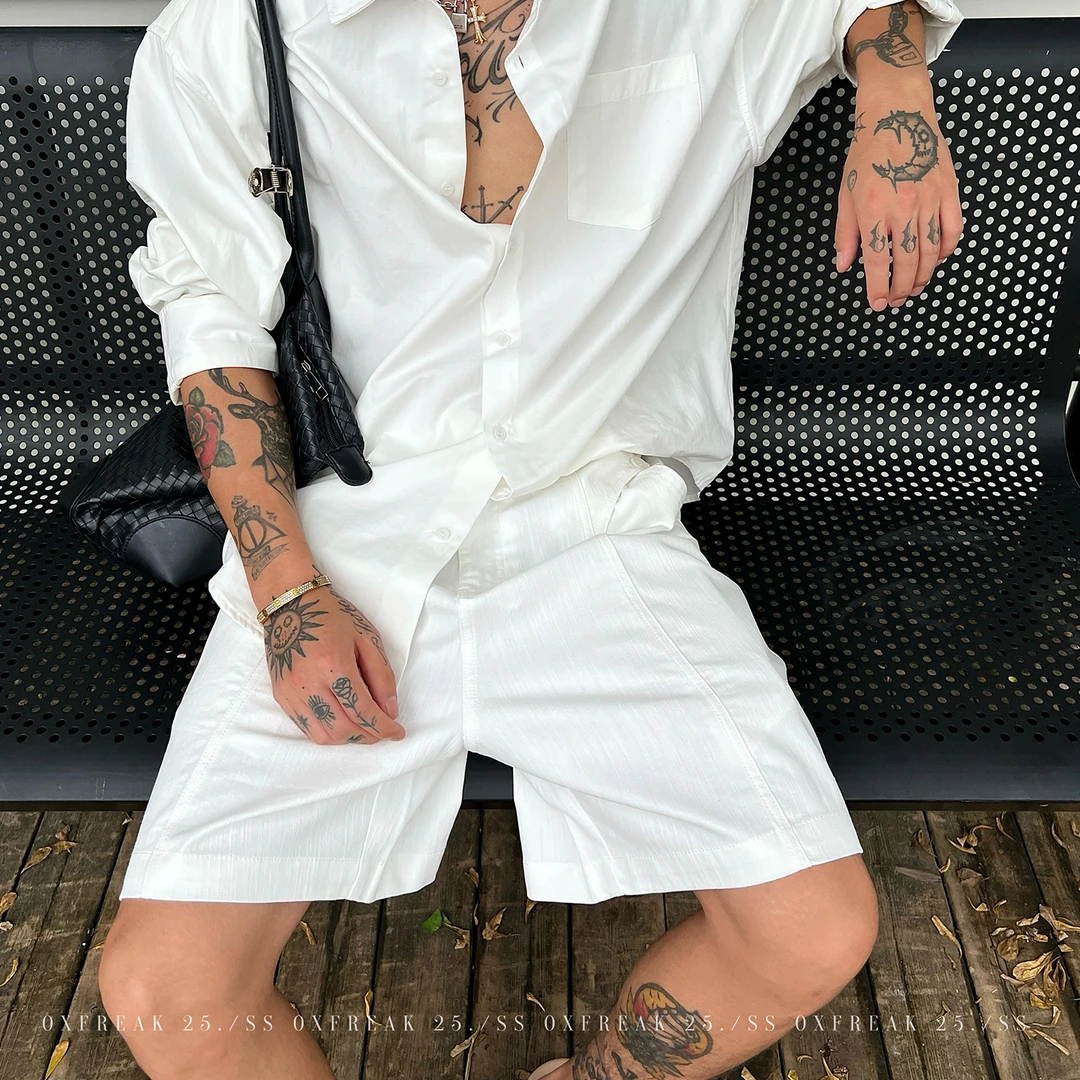 OXFREAK「树皮纹理 切割拼接」老钱风褶皱肌理短裤男直筒宽松中裤