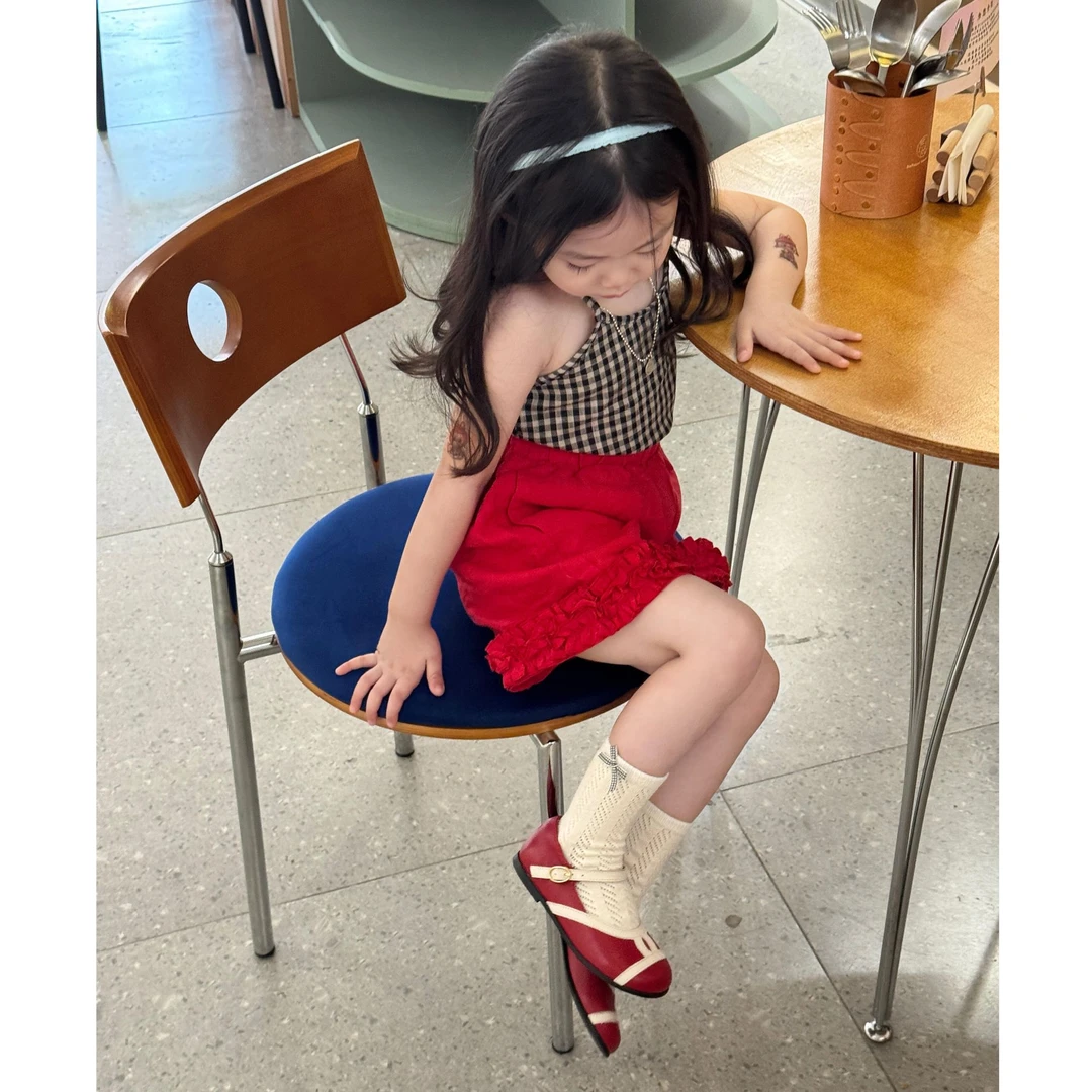 《现货》女童2025夏季百搭韩版时髦黑白格子吊带红色花边短裤套装