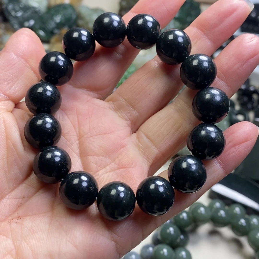 和田玉未镶嵌手链新疆和田黑青玉卡14圆珠手串