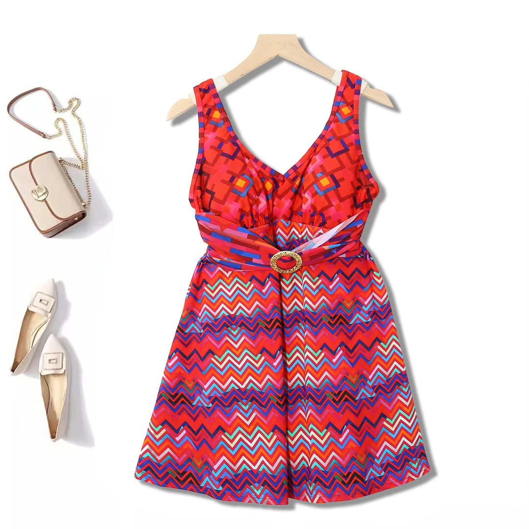 海边度假风女士夏季带底裤短款时尚多功能无袖收腰V领连衣裙6D361