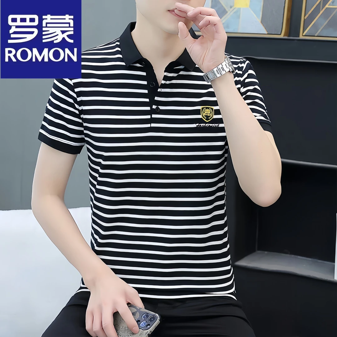 Romon/罗蒙男士短袖t恤条纹翻领夏季薄款polo衫透气休闲上衣潮