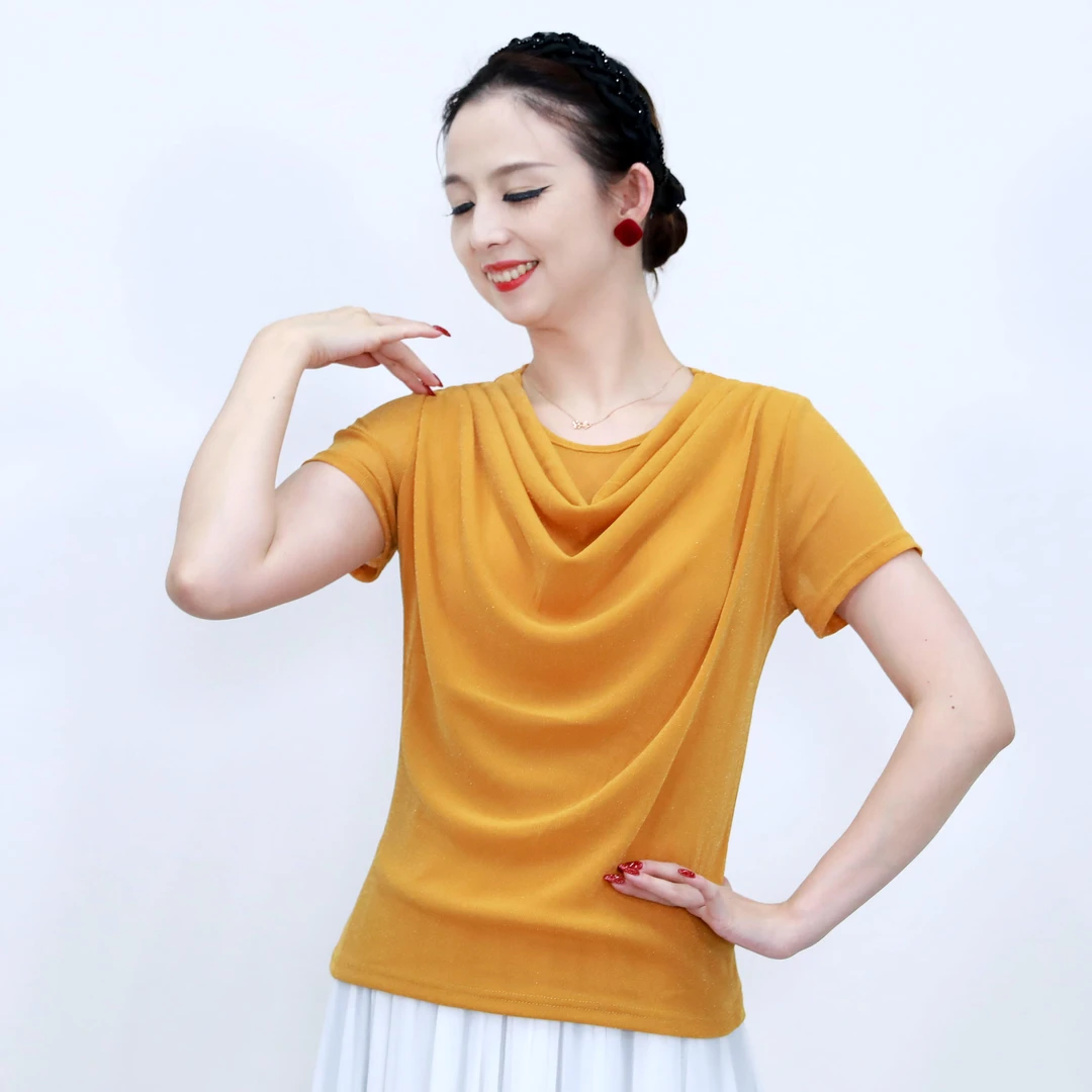 堆堆领亮丝网纱短袖t恤女2025年夏季新款设计感遮肚显瘦荡领上衣
