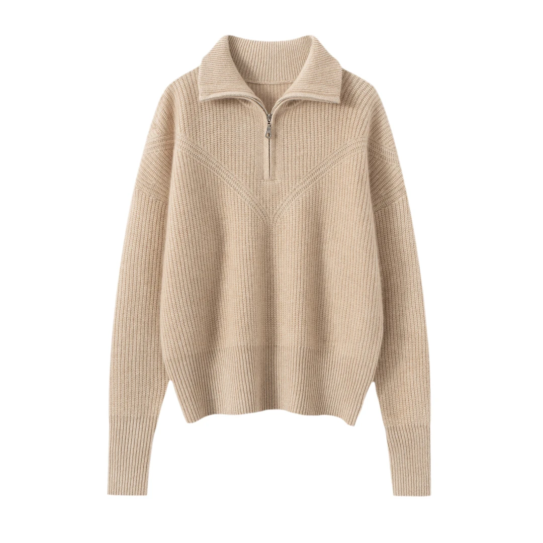 【之禾同款】100%纯山羊绒半拉链套头衫加厚翻领针织衫