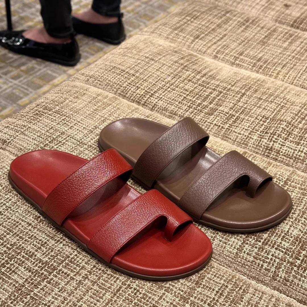 牛皮版~小众复古简约套趾平底勃肯拖鞋夏季真皮百搭一字凉拖鞋女