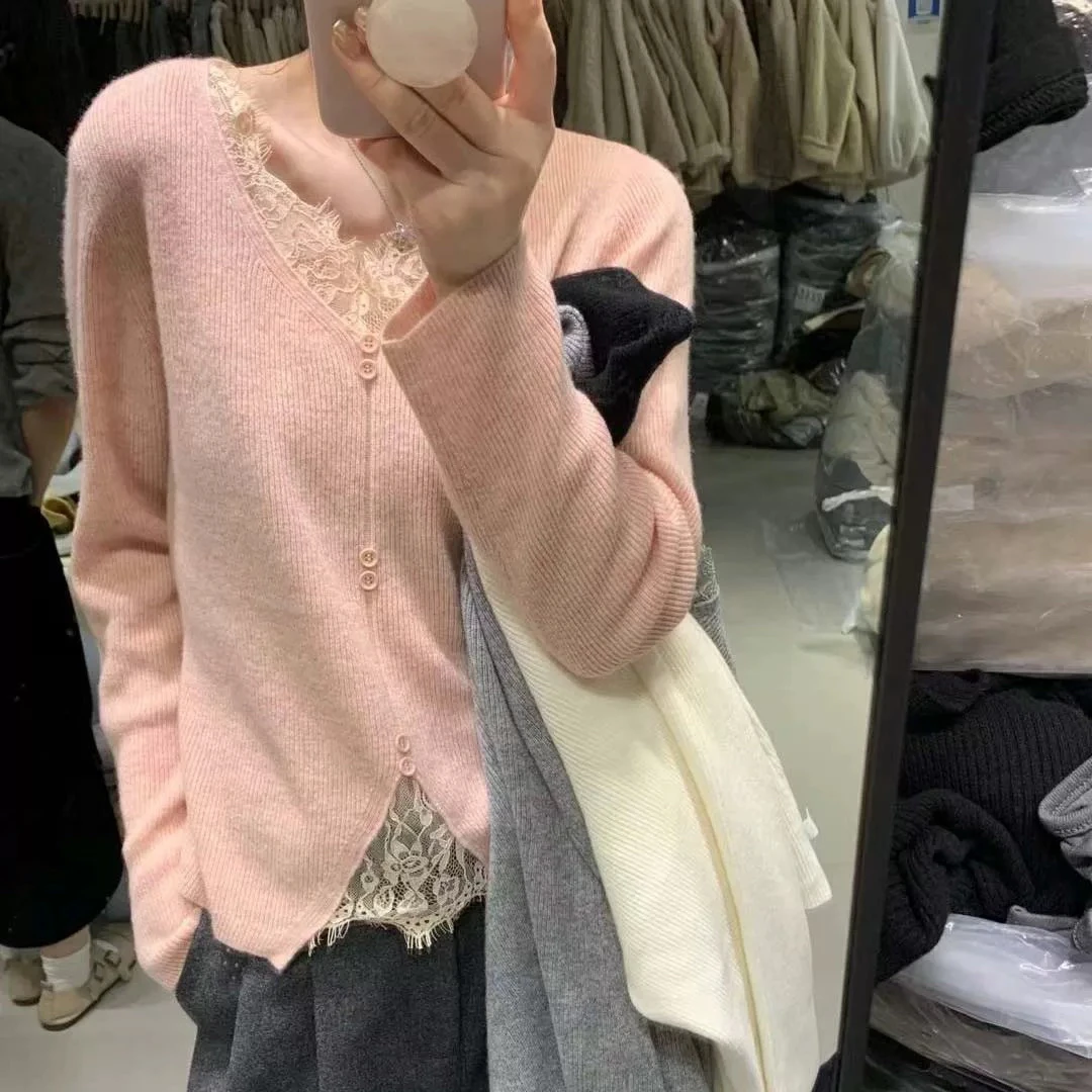 E'VAN【粉蕾丝】全羊毛蕾丝拼接打底针织衫-不能机洗