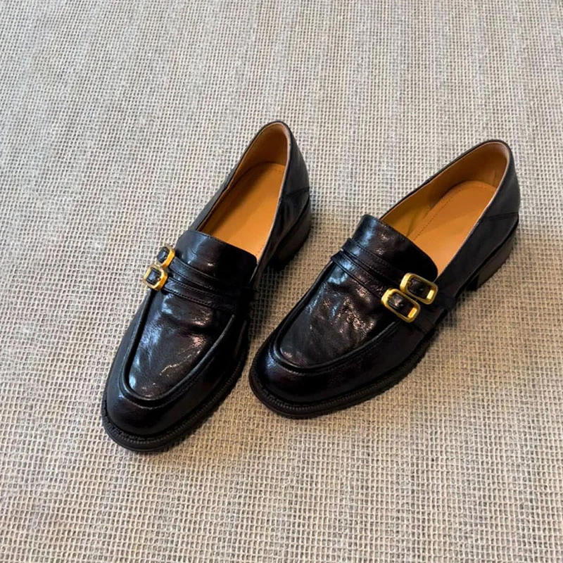 羊皮版~英伦风乐福鞋一脚蹬懒人jk制服鞋女粗跟复古单鞋小皮鞋