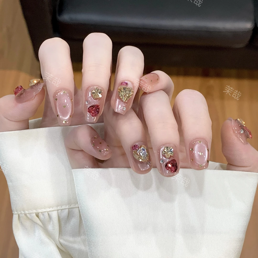 茉哉KK现货【桃金馥语】纯手工定制美甲拆卸穿戴甲A3864