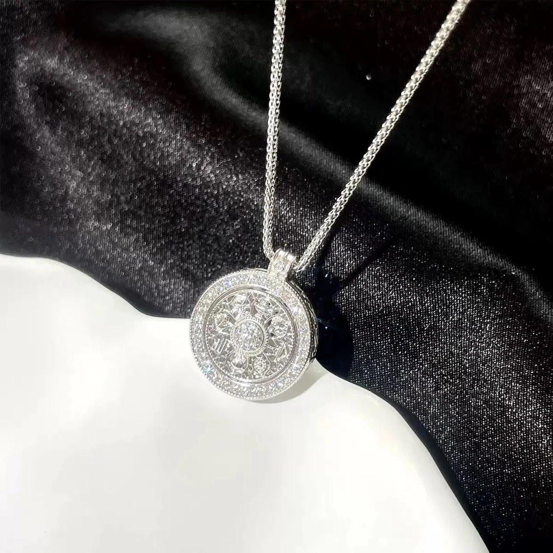 足银银制品 613大号时来运转八宝罗盘项链边钻罗盘毛衣链双面素款