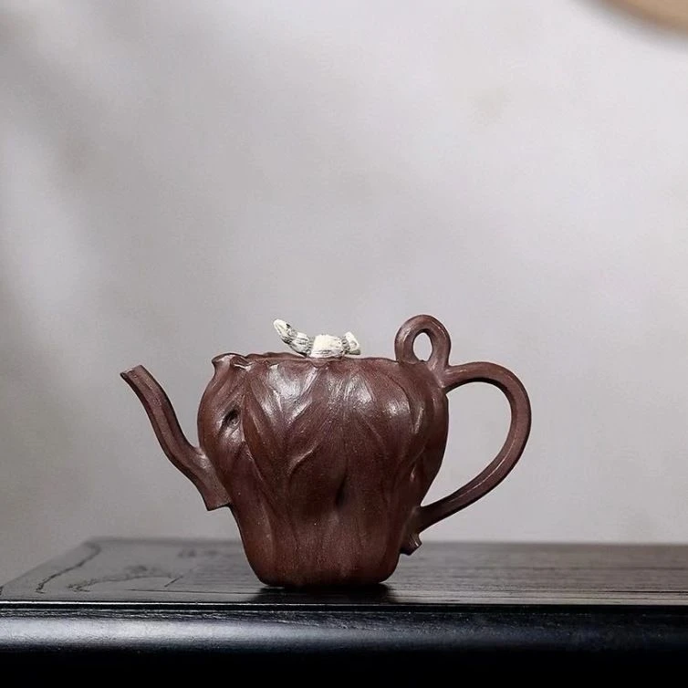 200毫升宜兴筋纹紫砂壶手工泡茶壶花器莲藕壶原矿老紫泥莲蓬壶