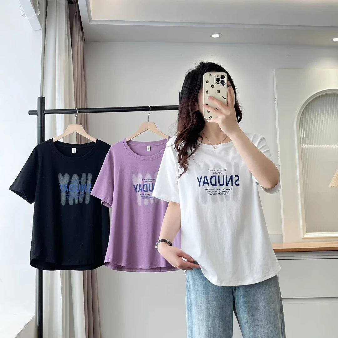 大码胖mm百搭显瘦字母印花圆领T恤女夏季新款设计感宽松遮肚上衣