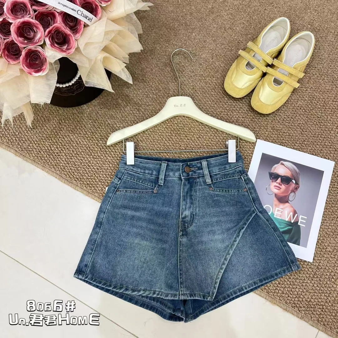 君君家【牛仔裤裙】8066高腰百搭设计感不规则弹力牛仔裤裙