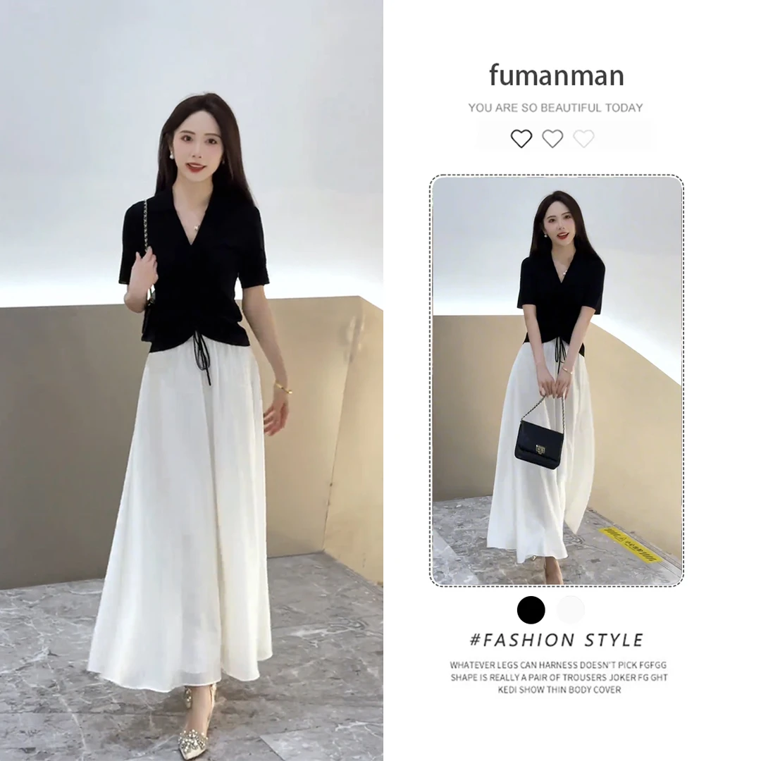 夏季韩系套装女2025新款时尚显瘦抽绳上衣搭配高腰垂感裙裤两件套