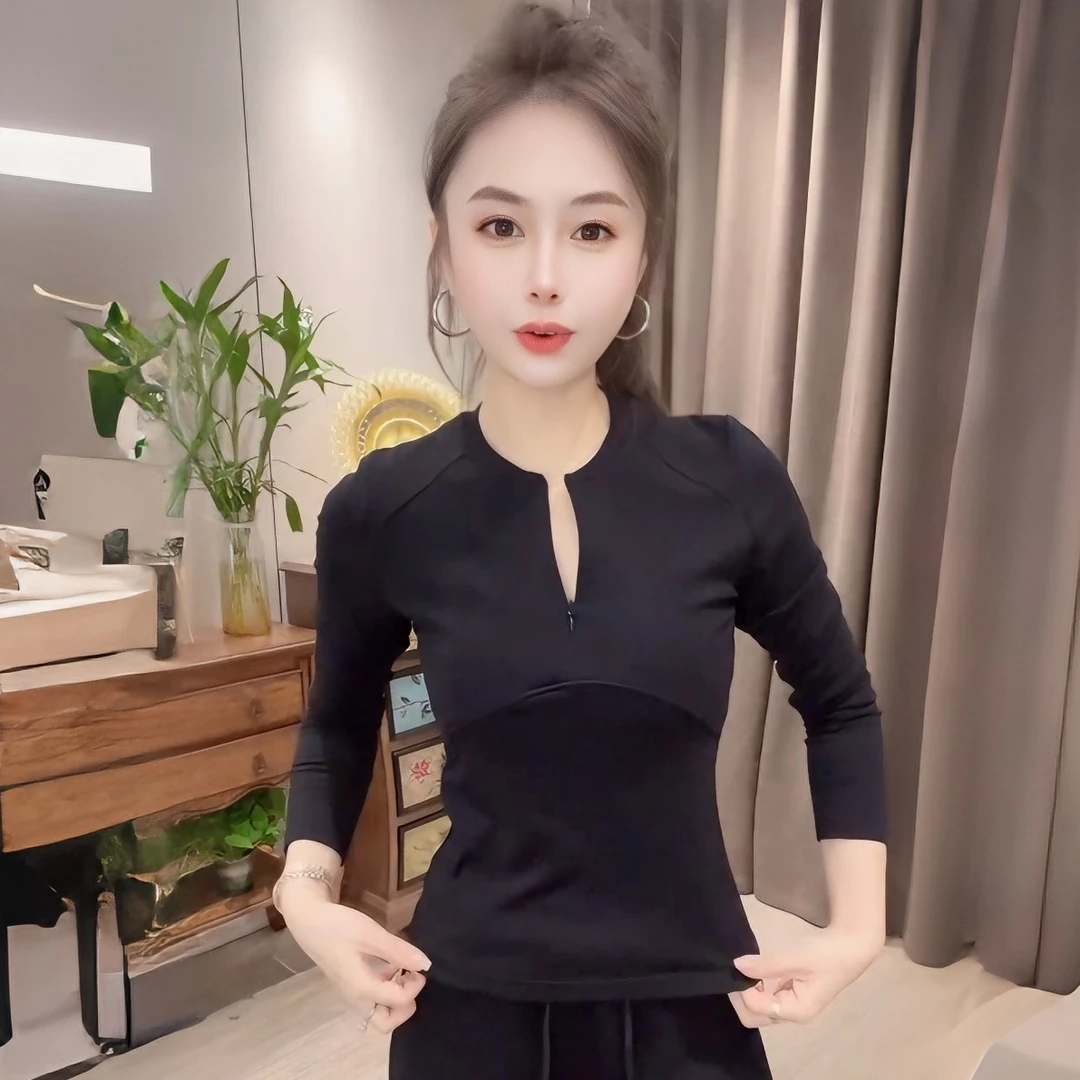 极简风打底衫拼接时尚长袖T恤圆领女气质女士修身型