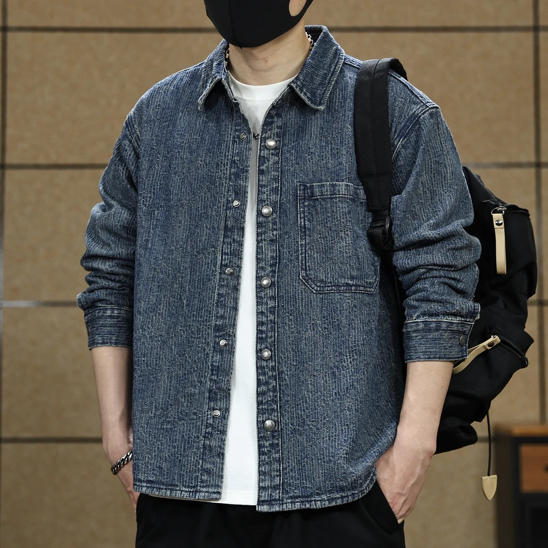 高级感竖条肌理感做旧水洗重磅牛仔衬衫男士秋季新款工装衬衣外套